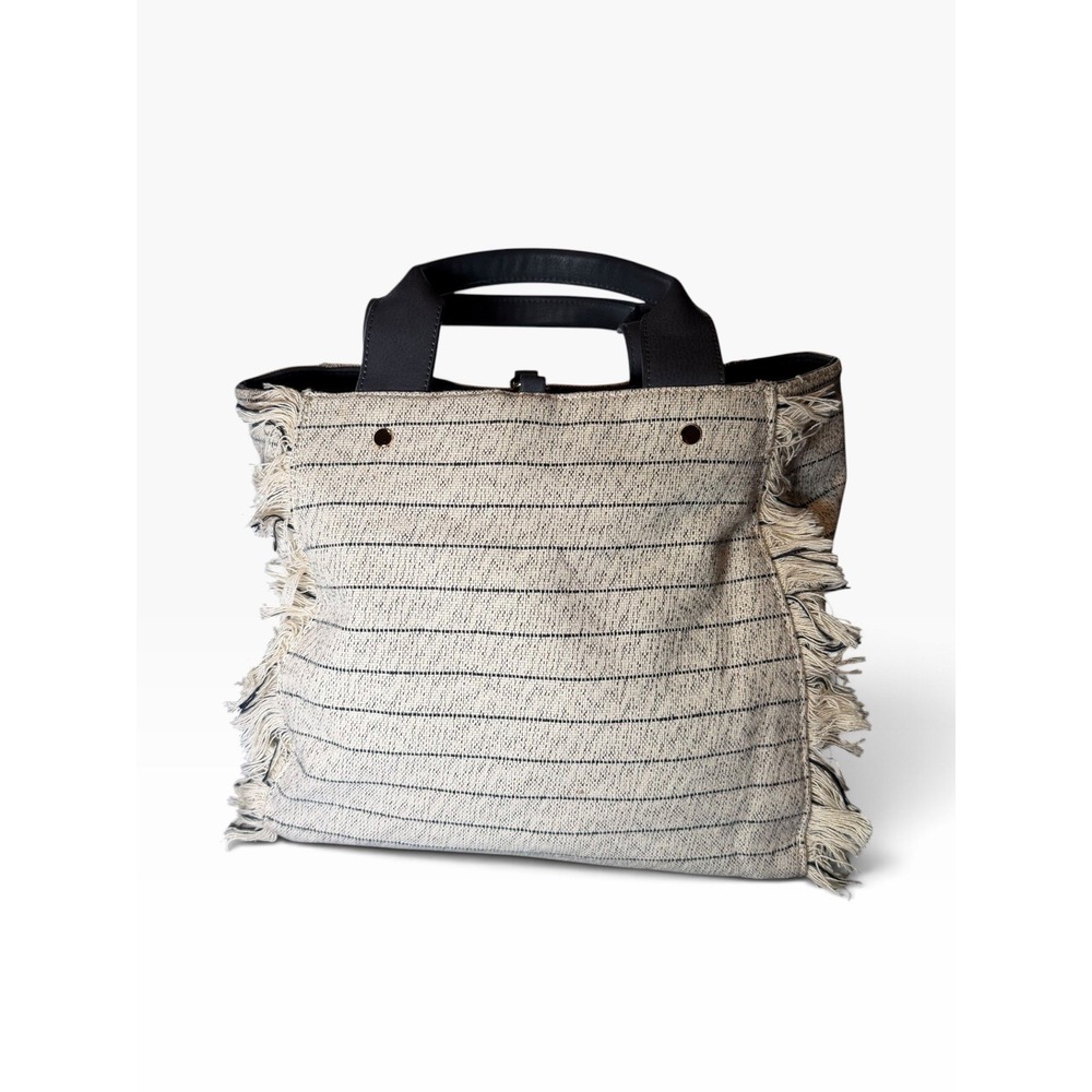 Deux Lux Woven Purse Fringe Navy Ivory Beach Luxury Market Bag Striped Nautical